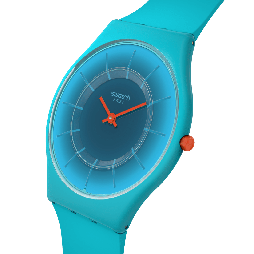 Swatch Skin SS08N114 Radiantly Teal Damenuhr • Ultra-dünnes Gehäuse aus biobasierten Materialien • Farbverlauf-Zifferblatt