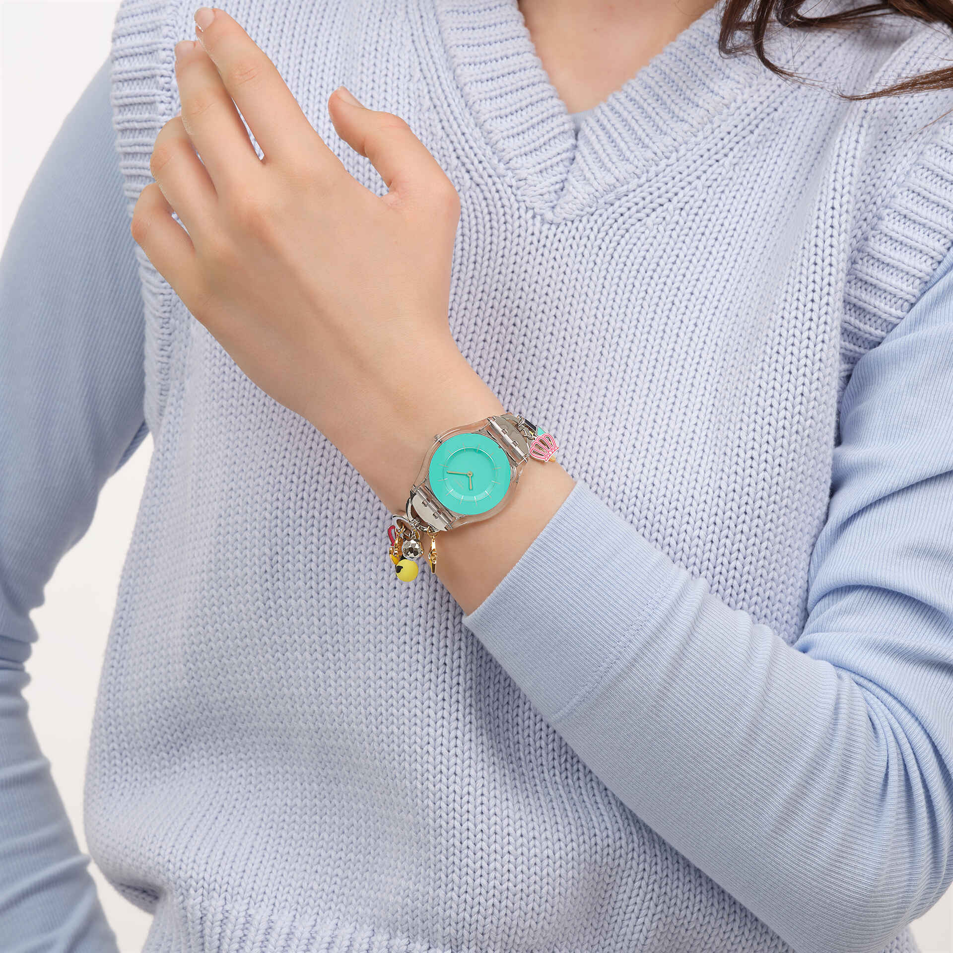 Swatch Skin SS08Z106G Mother like no other Damen Armbanduhr Türkis • Transparentes Biosourced-Gehäuse • Edelstahlarmband mit