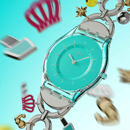 Swatch Skin SS08Z106G Mother like no other Damen Armbanduhr Türkis • Transparentes Biosourced-Gehäuse • Edelstahlarmband mit