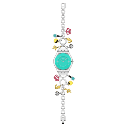 Swatch Skin SS08Z106G Mother like no other Damen Armbanduhr Türkis • Transparentes Biosourced-Gehäuse • Edelstahlarmband mit