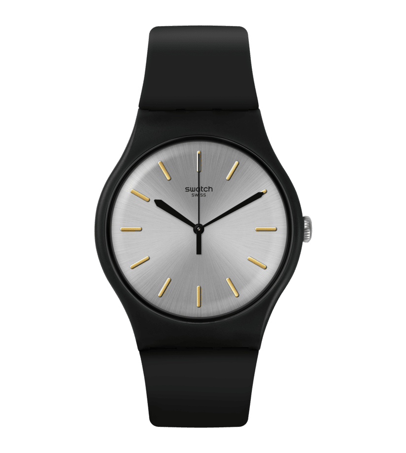 Swatch Originals Large SUOB173 Herrenuhr Schwarz • Silberfarbenes Sunbrush-Zifferblatt • Goldfarbene Swatch Applikationen
