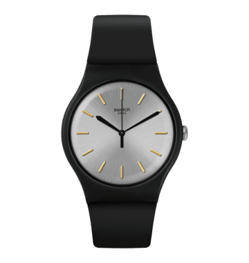 Swatch Originals Large SUOB173 Herrenuhr Schwarz • Silberfarbenes Sunbrush-Zifferblatt • Goldfarbene Swatch Applikationen