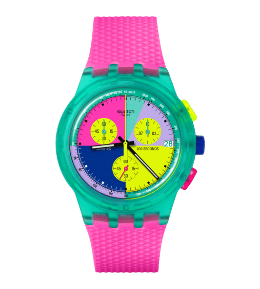 Swatch Neon Flash Arrow SUSG408 Herrenuhr Mehrfarbig • Chronograph mit Tachymeter • Leuchtende Zeiger