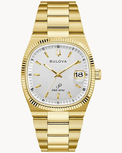 Zegarek męski Bulova ze złotą metalową bransoletą, białą tarczą i datownikiem 18