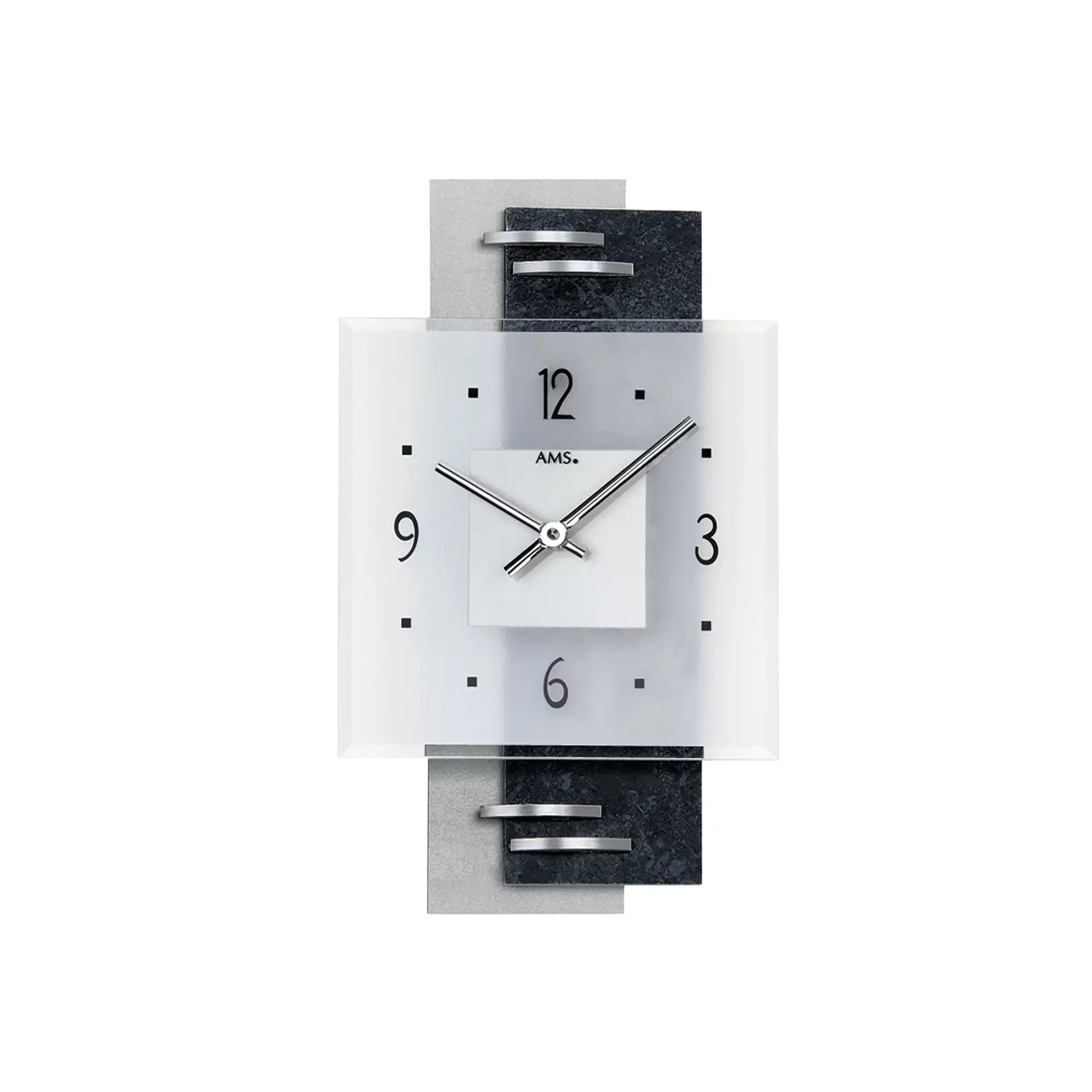 AMS Quarz-Wanduhr aus Schiefer & Glas, weißes Zifferblatt mit arabischen Ziffern