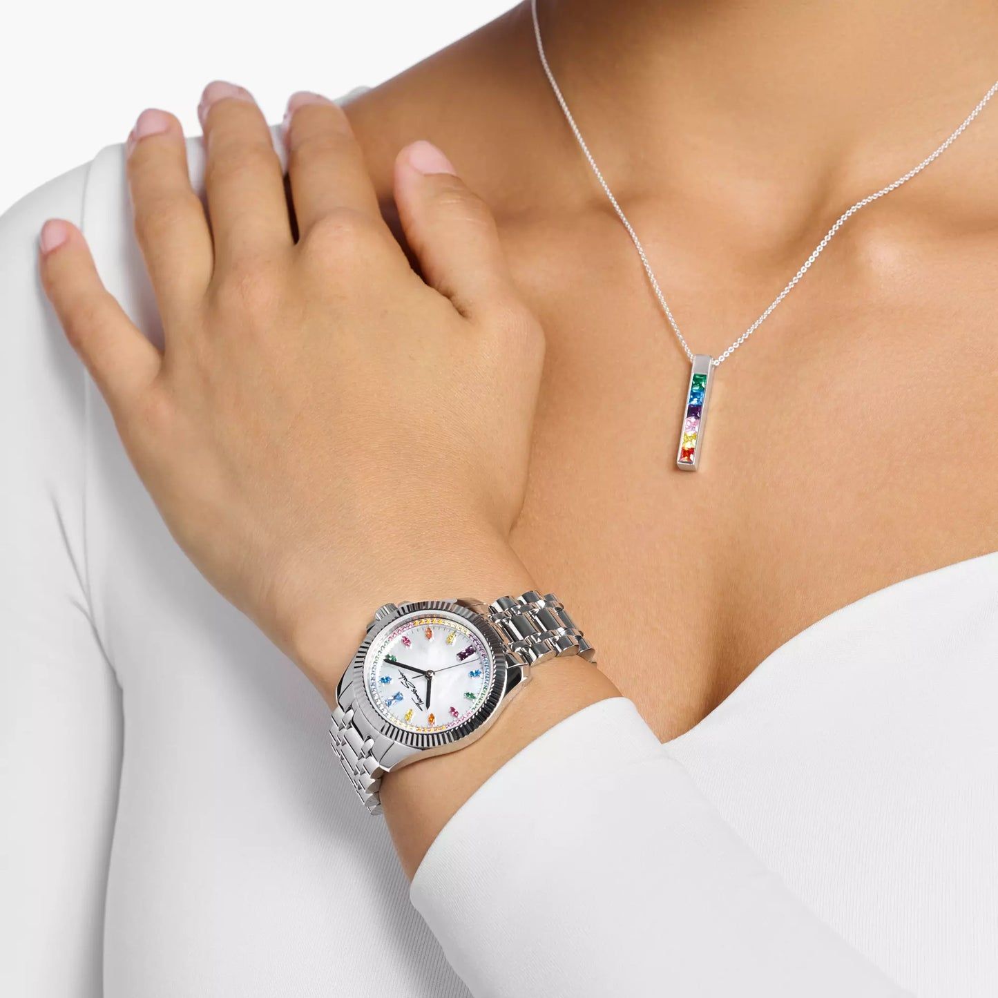 Thomas Sabo Divine Rainbow WA0394-201-201 Damenuhr Silber • Regenbogenfarbene Zirkonia-Steine • Mineralglas