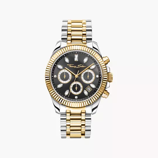 Thomas Sabo Divine Chrono WA0398-291-201 Damen Armbanduhr Schwarz-Gelbgold • Chronograph mit Zirkonia-Indizes • Mineralglas
