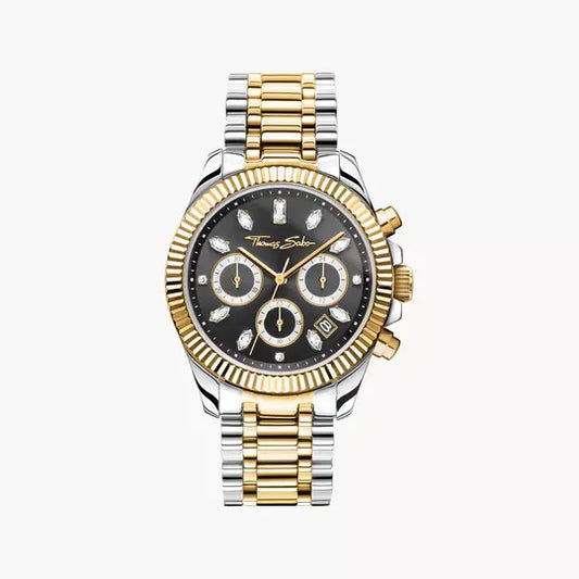 Thomas Sabo Divine Chrono WA0398-291-201 Damen Armbanduhr Schwarz-Gelbgold • Chronograph mit Zirkonia-Indizes • Mineralglas