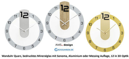 Three wall clock variants with round dials, wood look, and white numerals