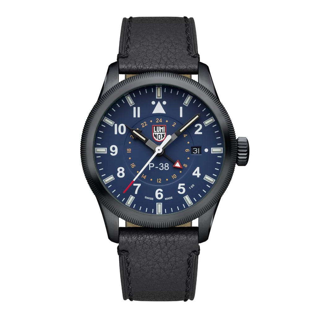 Luminox Herrenuhr P-38 Lightning mit blauem Zifferblatt und schwarzem Lederarmband