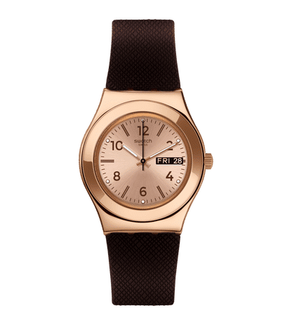 Swatch Irony Medium YLG701 Brownee Damen Armbanduhr • Roségold PVD-Gehäuse • Silikon-Armband