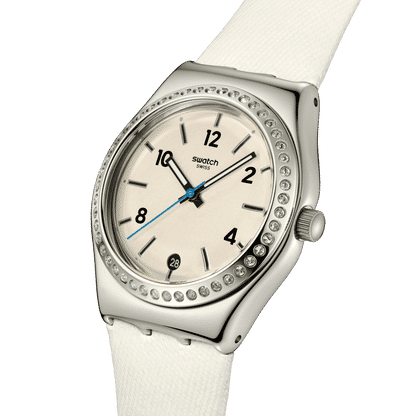 Swatch Irony Medium YLS471 Glacial Petals Armbanduhr Weiß • Leuchtzeiger • Kristallbesetzter Lünette, Bild 3
