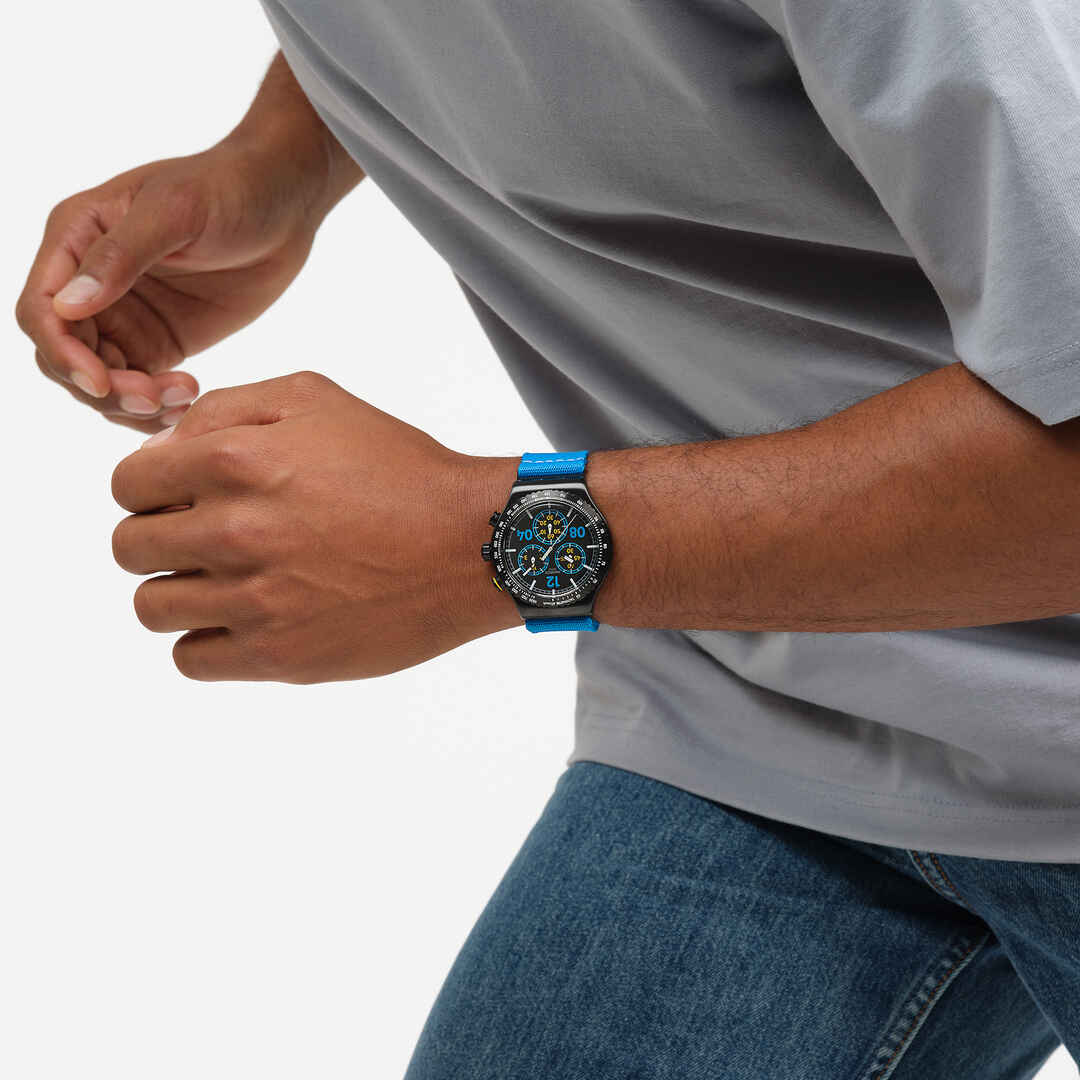 Swatch Irony Chrono New YVB100 Moments in Blue Herren • Tachymeter-Lünette • Leuchtzeiger mit Glow-Effekt, Bild 6