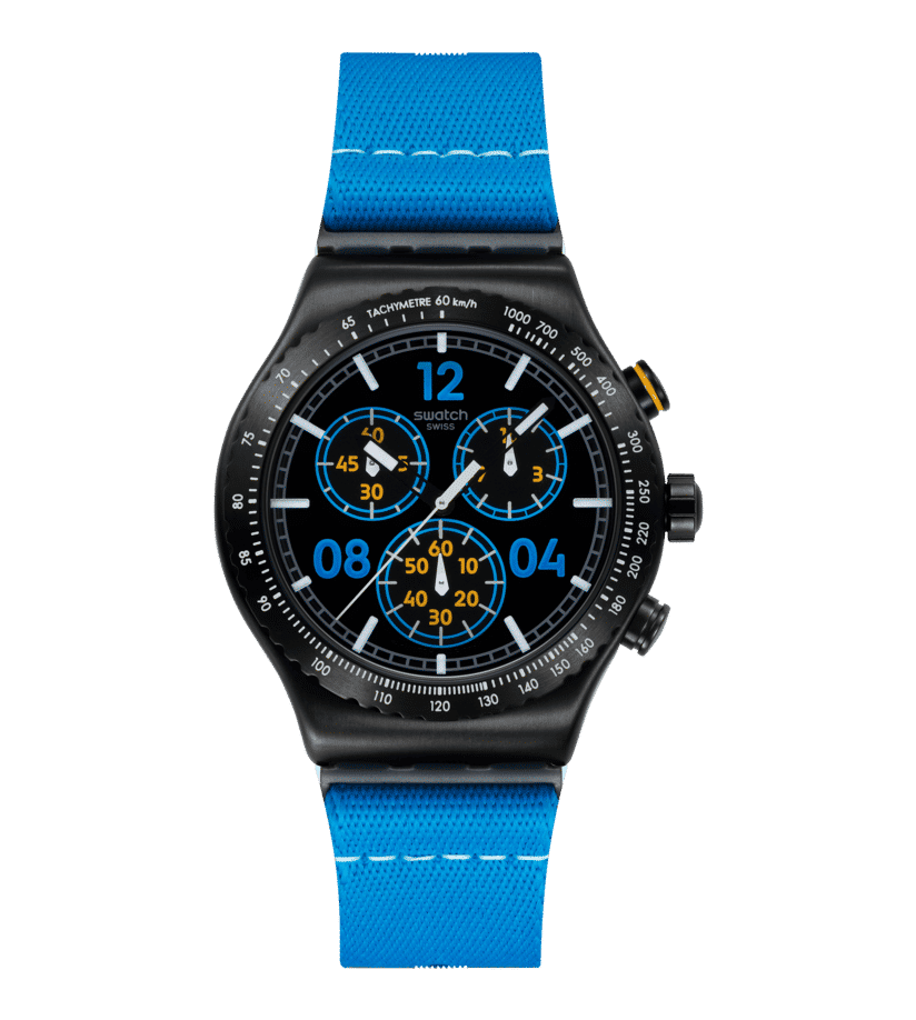 Swatch Irony Chrono New YVB100 Moments in Blue Herren • Tachymeter-Lünette • Leuchtzeiger mit Glow-Effekt