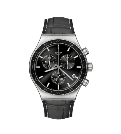 Swatch Irony Chrono New YVS495 Herren Armbanduhr Schwarz • Chronograph • Alligator-Lederarmband