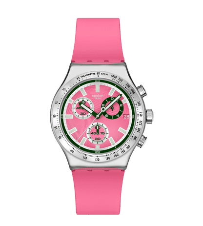 Swatch Irony Chrono New YVS538 Damenuhr Rosa • Leuchtzeiger & Leuchtindizes • Tachymeter-Lünette