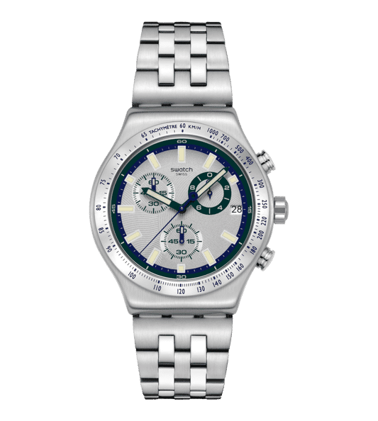 Swatch Irony Chrono New YVS539G Armbanduhr Silber • Chronograph mit Leuchtzeigern • Edelstahlarmband mit