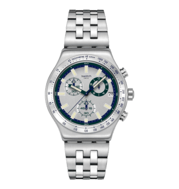 Swatch Irony Chrono New YVS539G Armbanduhr Silber • Chronograph mit Leuchtzeigern • Edelstahlarmband mit