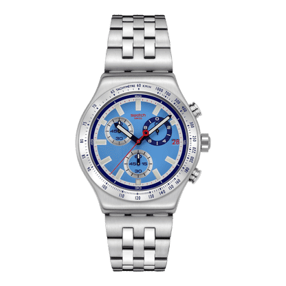 Swatch Irony YVS541G Midday in the Mirror Herrenuhr Hellblau • Chronograph mit Leuchtzeigern • Edelstahlarmband mit