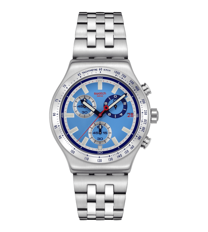 Swatch Irony YVS541G Midday in the Mirror Herrenuhr Hellblau • Chronograph mit Leuchtzeigern • Edelstahlarmband mit