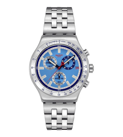 Swatch Irony YVS541G Midday in the Mirror Herrenuhr Hellblau • Chronograph mit Leuchtzeigern • Edelstahlarmband mit