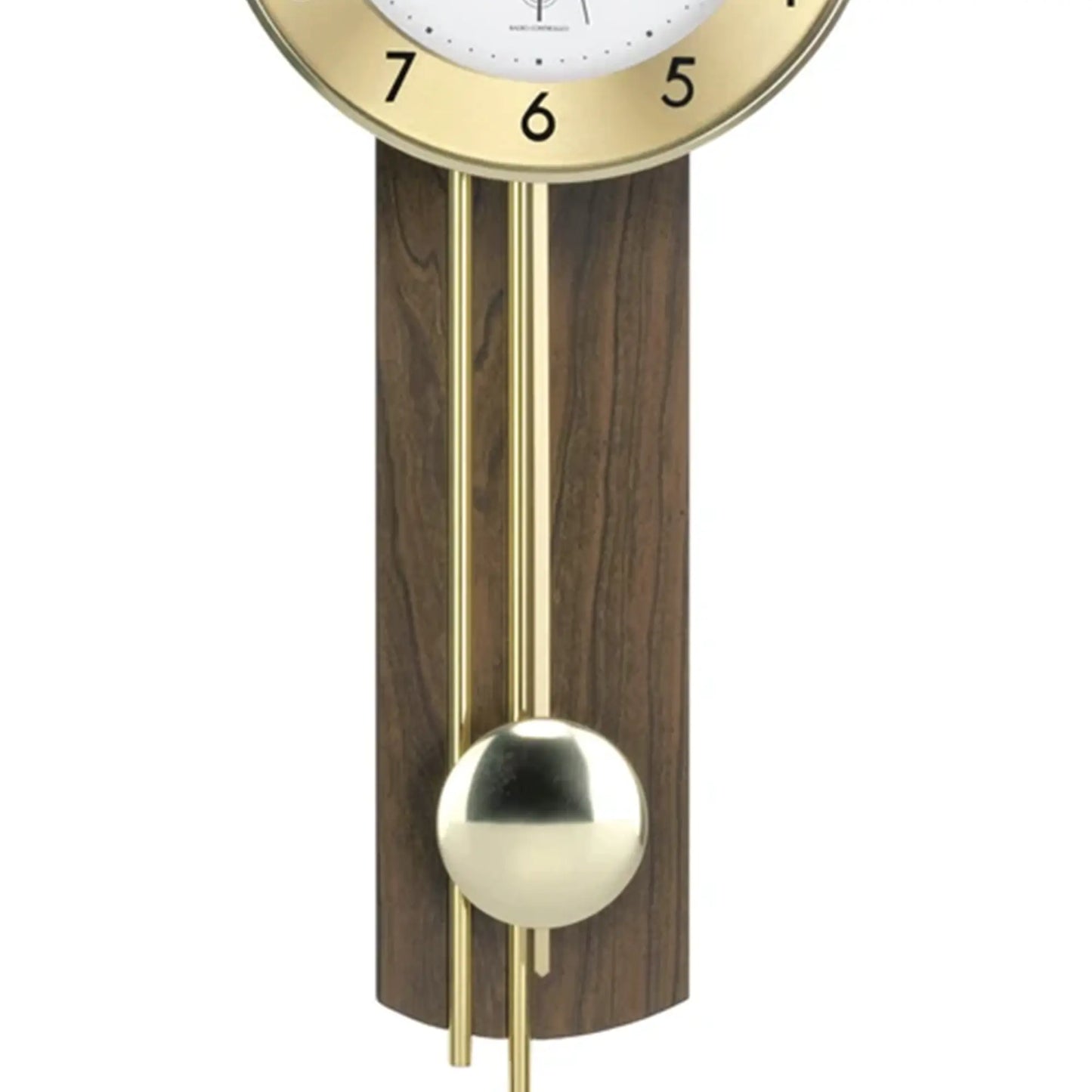 Wanduhr mit dunklem Holzgehäuse, goldener Pendelaufhängung und silberner Pendelkugel