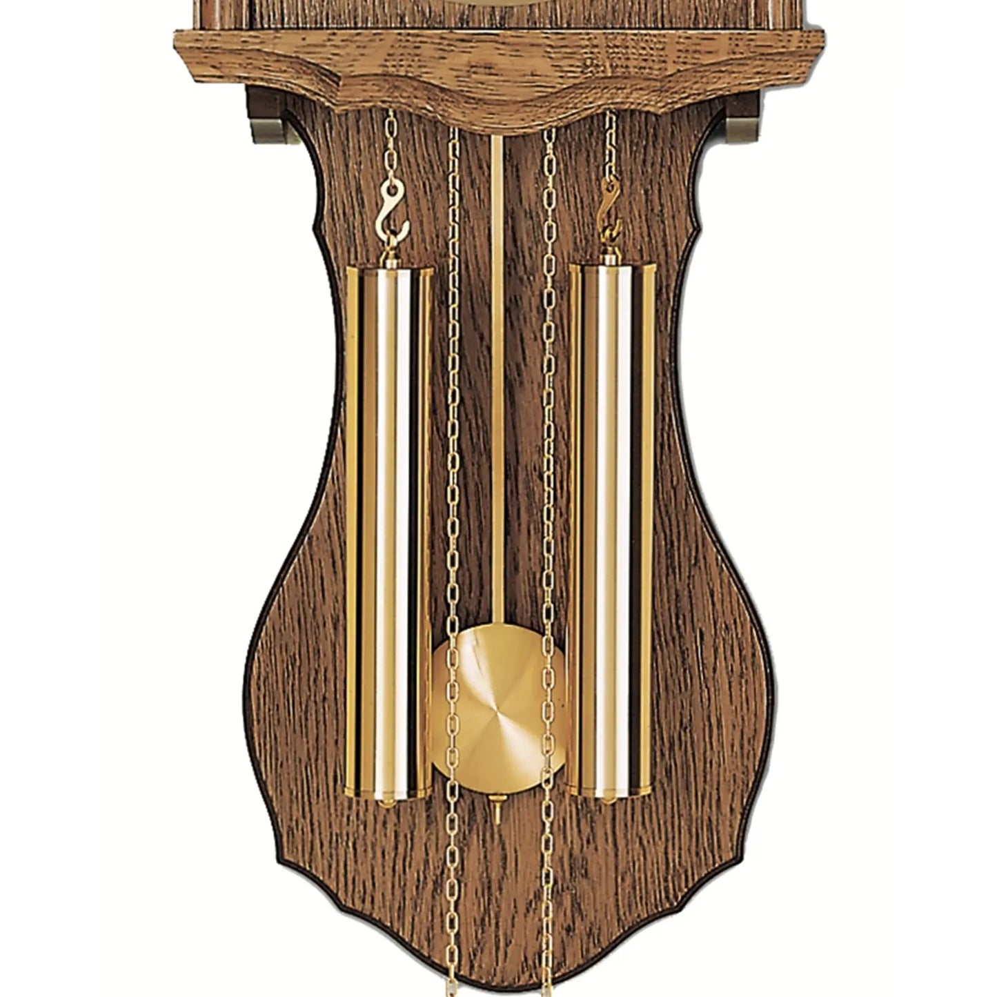Holz-Wanduhr mit römischem Zifferblatt, Pendelketten und zwei Messing-Pendelstäben