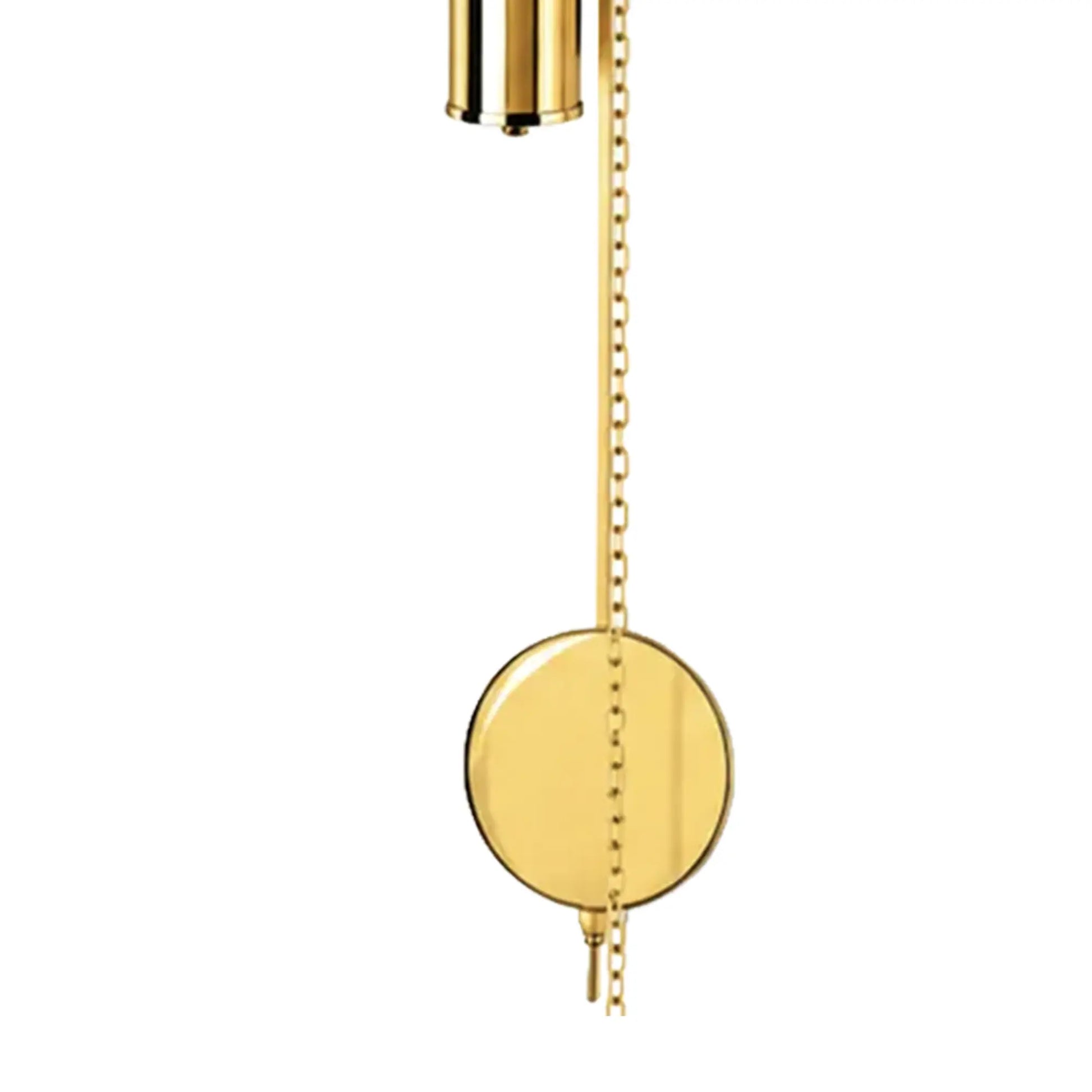 Wanduhr-Antrieb mit rundem Pendelgewicht in Gold, gekettelt, untere Aufhängung sichtbar