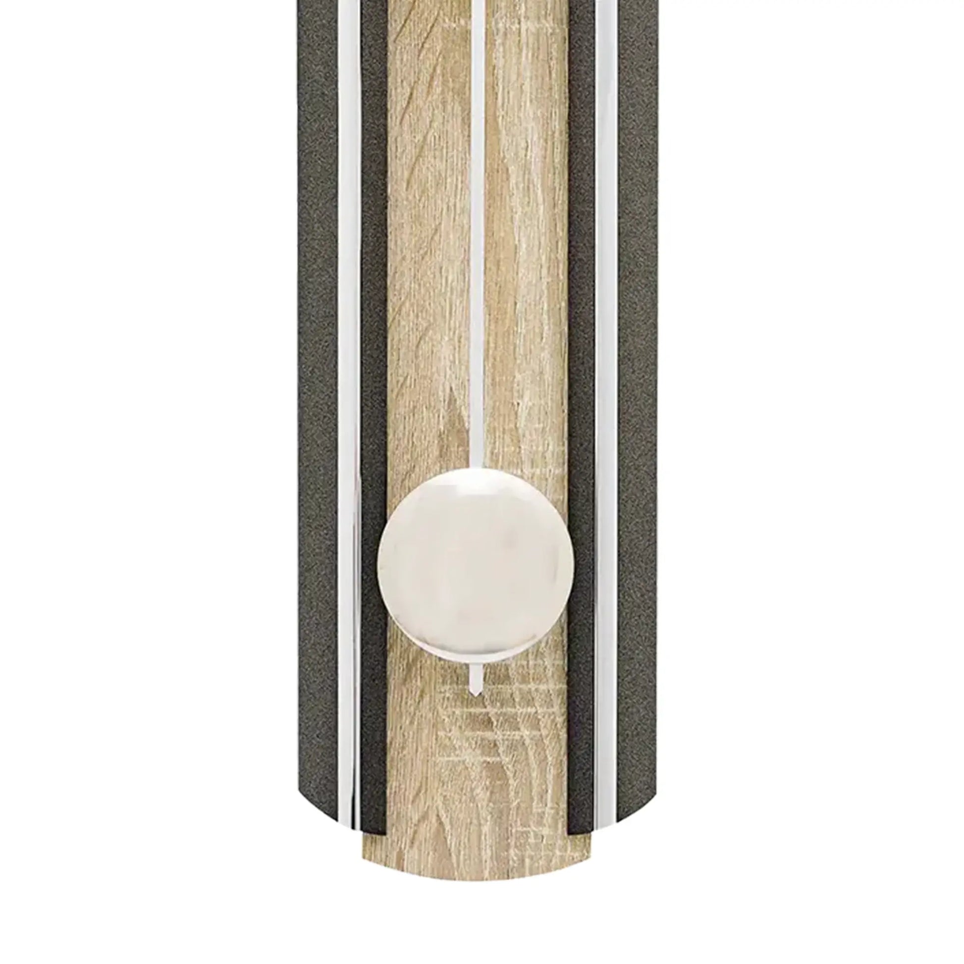 Wanduhr mit Holz-Optik und dunklen Streifen; runde Pendelklappe