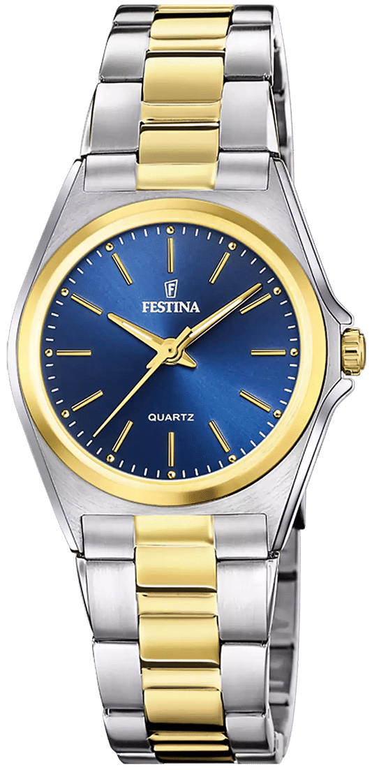 Bicolor-Damenarmbanduhr mit blauem Zifferblatt und goldenen Zeigern, Metallarmband