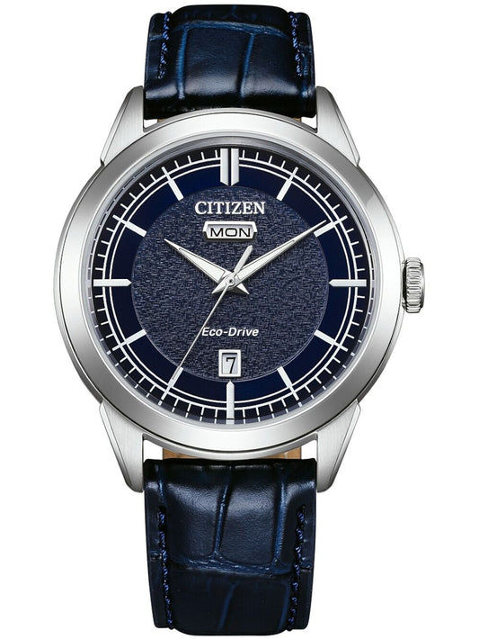 Herrenuhr mit blauem Zifferblatt, Lederarmband und Eco-Drive-Logo