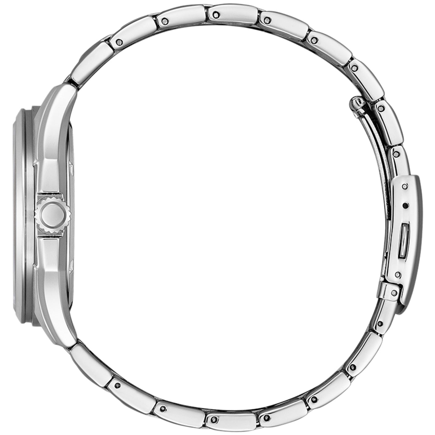 Citizen Herrenarmbanduhr in Seitenansicht mit Edelstahlband und Krone bei 3 Uhr.
