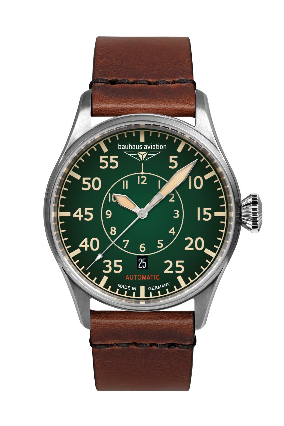 Bauhaus Aviation 2756-4 Herrenuhr Braun/Grün • Schweizer Automatikwerk SW 200 • Saphirglas