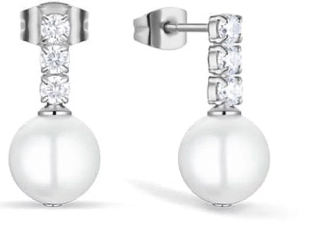 Arctic Pearls Silver Shiny Stainless Steel Stud Earrings with Zirconia Pearls - BERING Model: 756-17-05