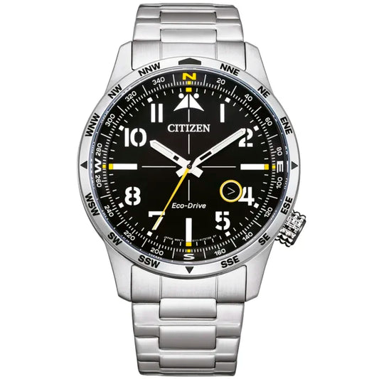 Citizen Aviator Herrenuhr mit schwarzem Zifferblatt, gelben Akzenten, Edelstahlarmband