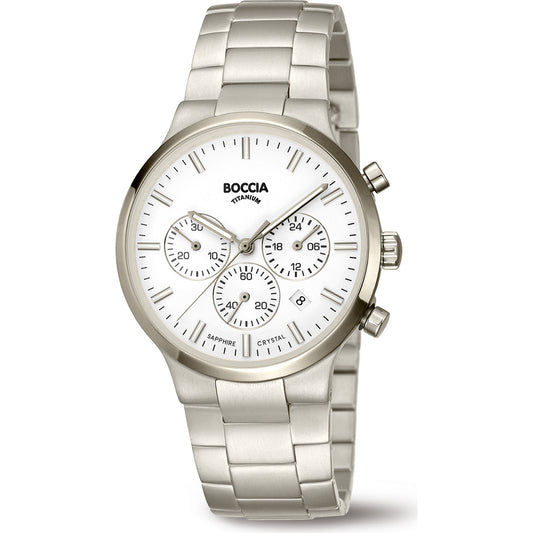 Boccia Herrenarmbanduhr mit silbernem Titanarmband, weißem Chronographen-Zifferblatt und Saphirglas