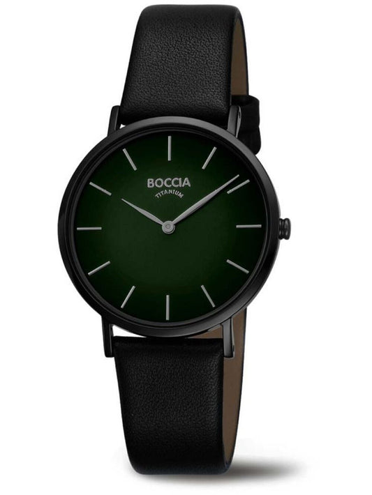 Herrenarmbanduhr Boccia: grünes Zifferblatt, schwarzes Lederarmband, runde Titan-PVD-Hülle