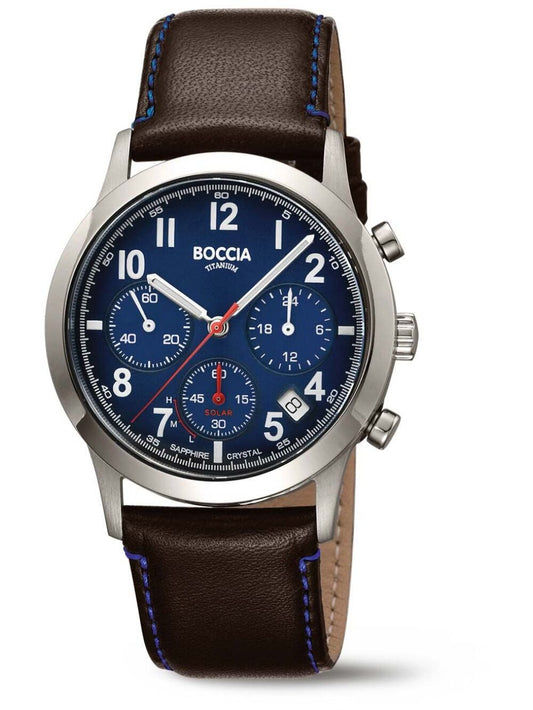 Boccia Titan-Solar-Chronograph mit dunkelblauem Zifferblatt, Saphirglas und braunem Lederarmband