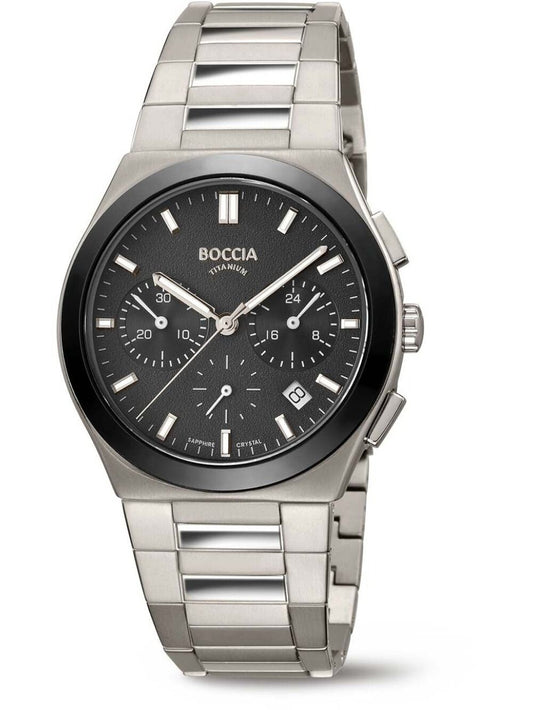 Męski zegarek chronograf Boccia z tytanową bransoletą, czarną tarczą i szafirowym szkłem