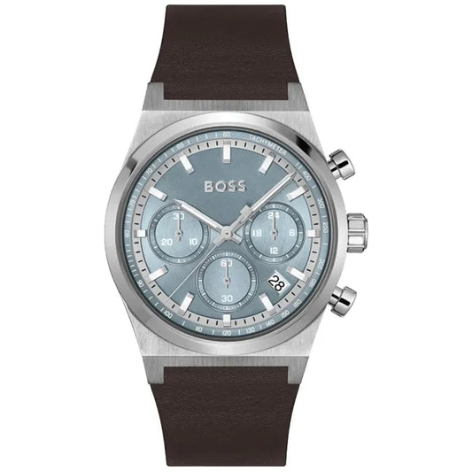 Herren-Chronograph BOSS mit Quarzwerk, rundem Edelstahlgehäuse, blauem Zifferblatt und braunem Lederband