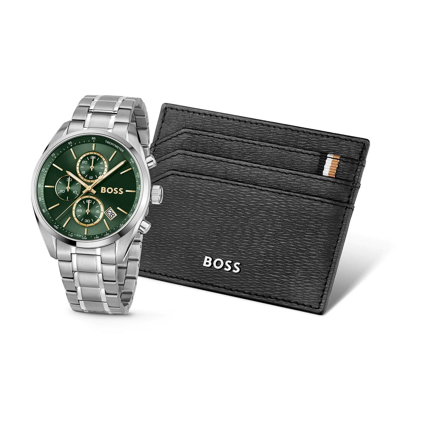 BOSS Herrenuhr mit grünem Zifferblatt, silbernem Metallarmband und schwarzem Kartenetui.