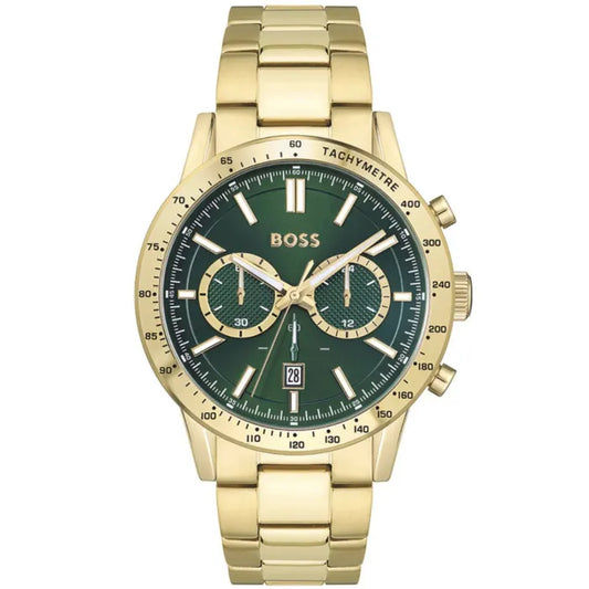 BOSS Herrenuhr mit goldfarbenem Edelstahlarmband, dunkelgrünem Zifferblatt und Chronograph