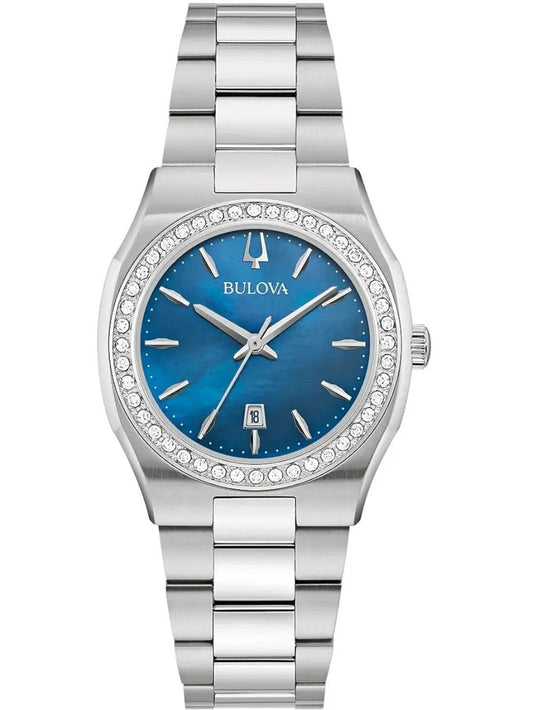 Zegarek damski Bulova z niebieską tarczą, diamentowym pierścieniem i srebrną metalową bransoletą