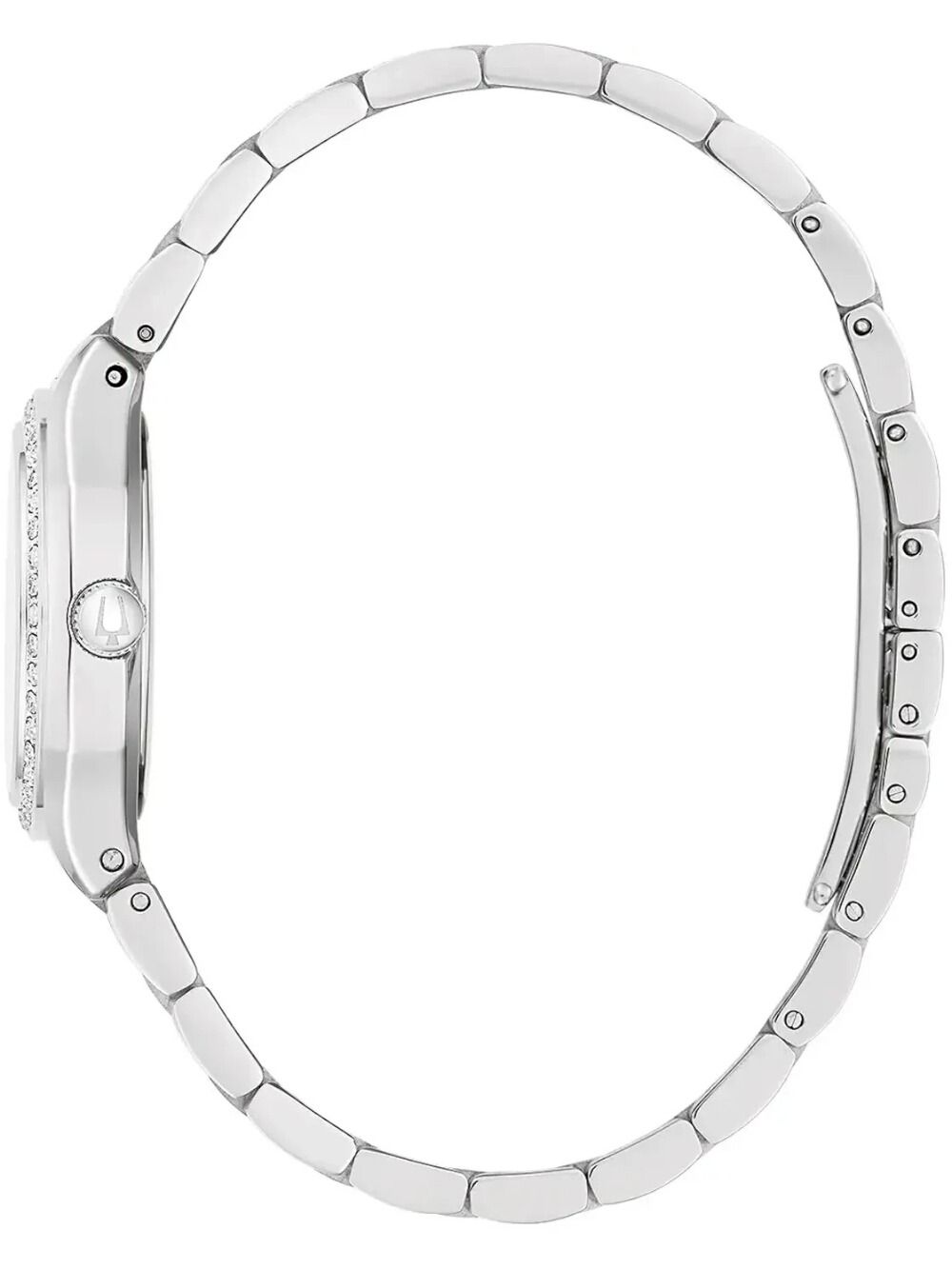 Bulova Damenuhr seitlich mit silbernem Metallarmband und ausgeprägtem Gehäuse
