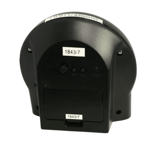 Schwarze Funk-Weckeruhr Rückseite mit Reglern und Batteriefach-Abdeckung