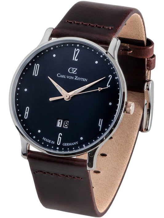 Herrenuhr mit blauem Zifferblatt, braunem Lederarmband und Leuchtzeigern