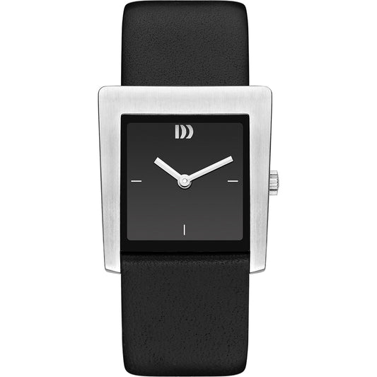 Damenuhr mit schwarzem Lederarmband und schwarzem Zifferblatt im rechteckigen Edelstahlgehäuse