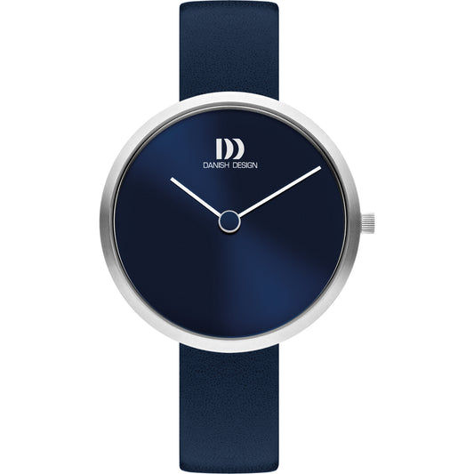 Damenuhr mit rundem, silbernem Gehäuse, blauem Zifferblatt und dunkelblauem Lederarmband