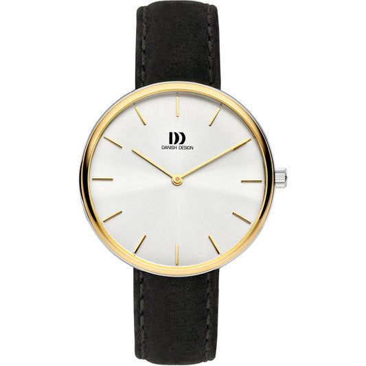 Herrenuhr mit schwarzem Lederarmband, goldfarbigem Bicolor-Gehäuse und weißem Zifferblatt