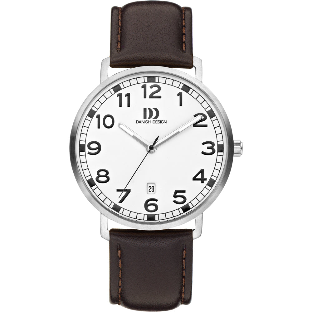 Herren-Armbanduhr mit weißem Zifferblatt, Datum und dunkelbraunem Lederband